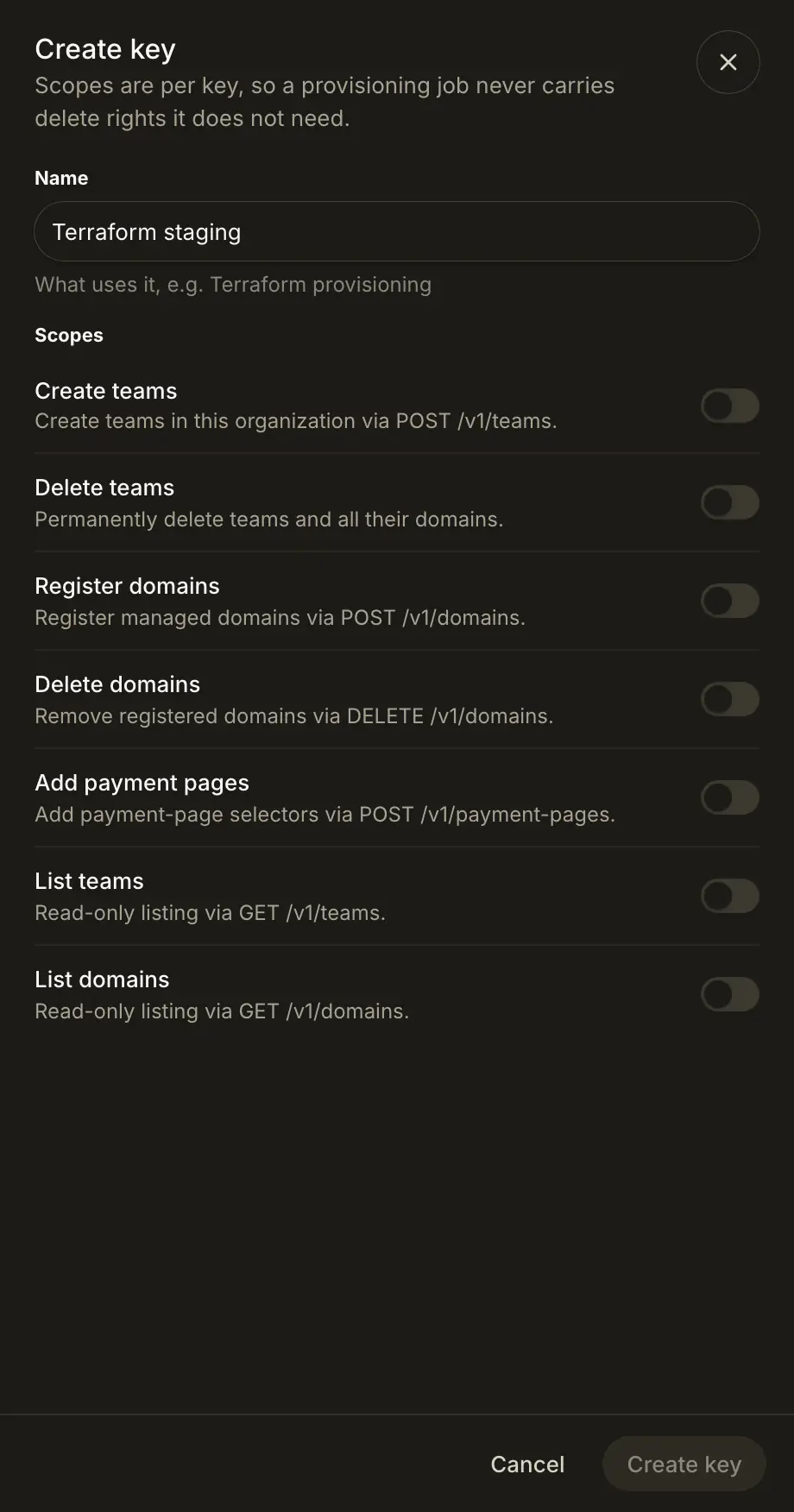 The Create key sheet: name the key and pick its scopes, such as Create teams, Register domains or List domains.