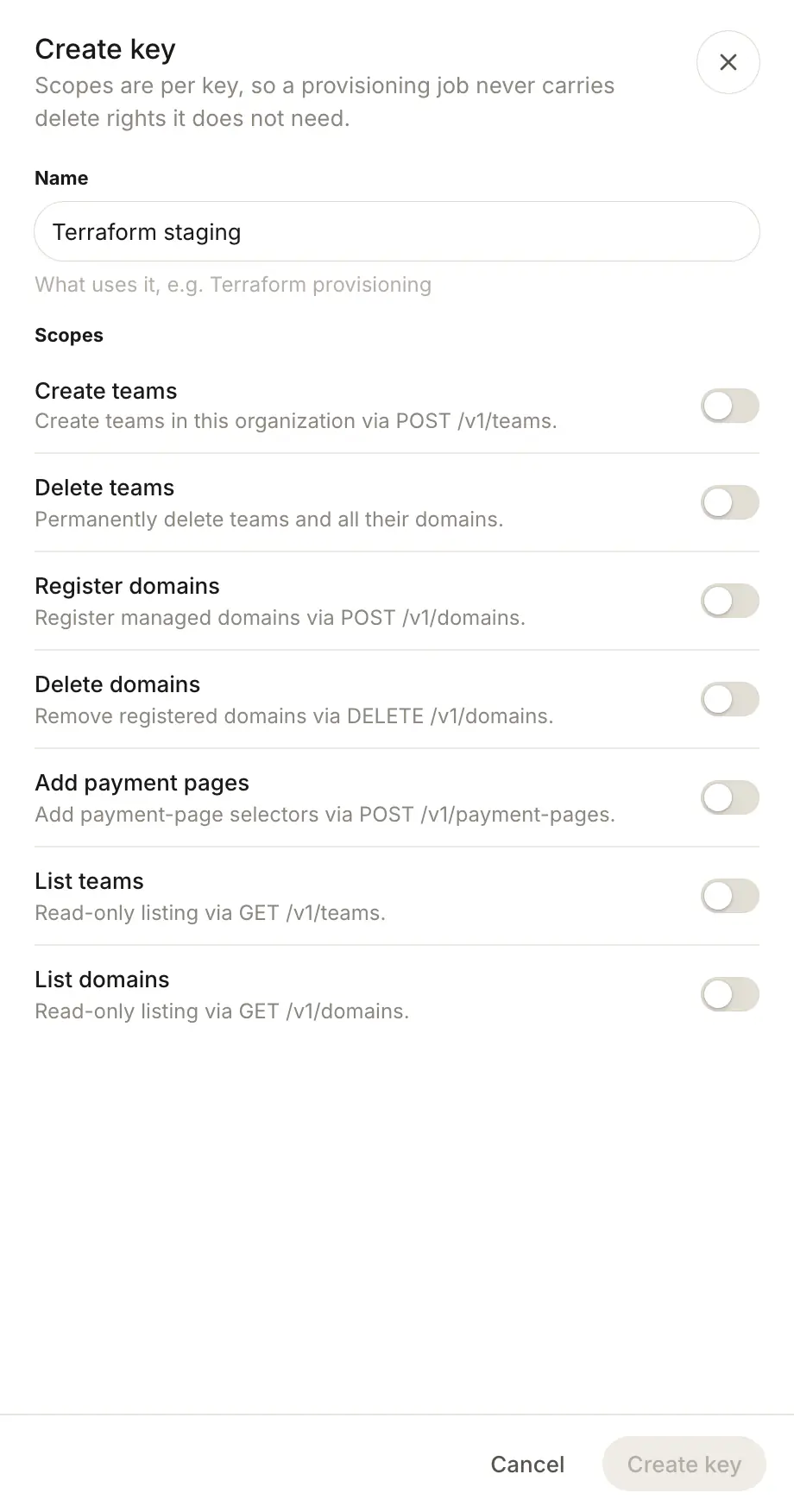The Create key sheet: name the key and pick its scopes, such as Create teams, Register domains or List domains.