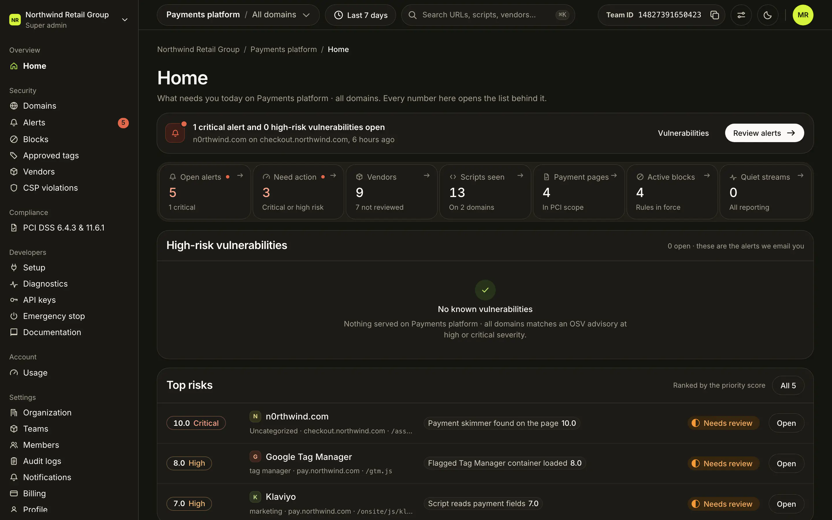 Home for Payments platform: 1 critical alert on checkout.northwind.com, tiles for open alerts, vendors, scripts seen, payment pages, active blocks and quiet streams, and the top risks ranked by score.