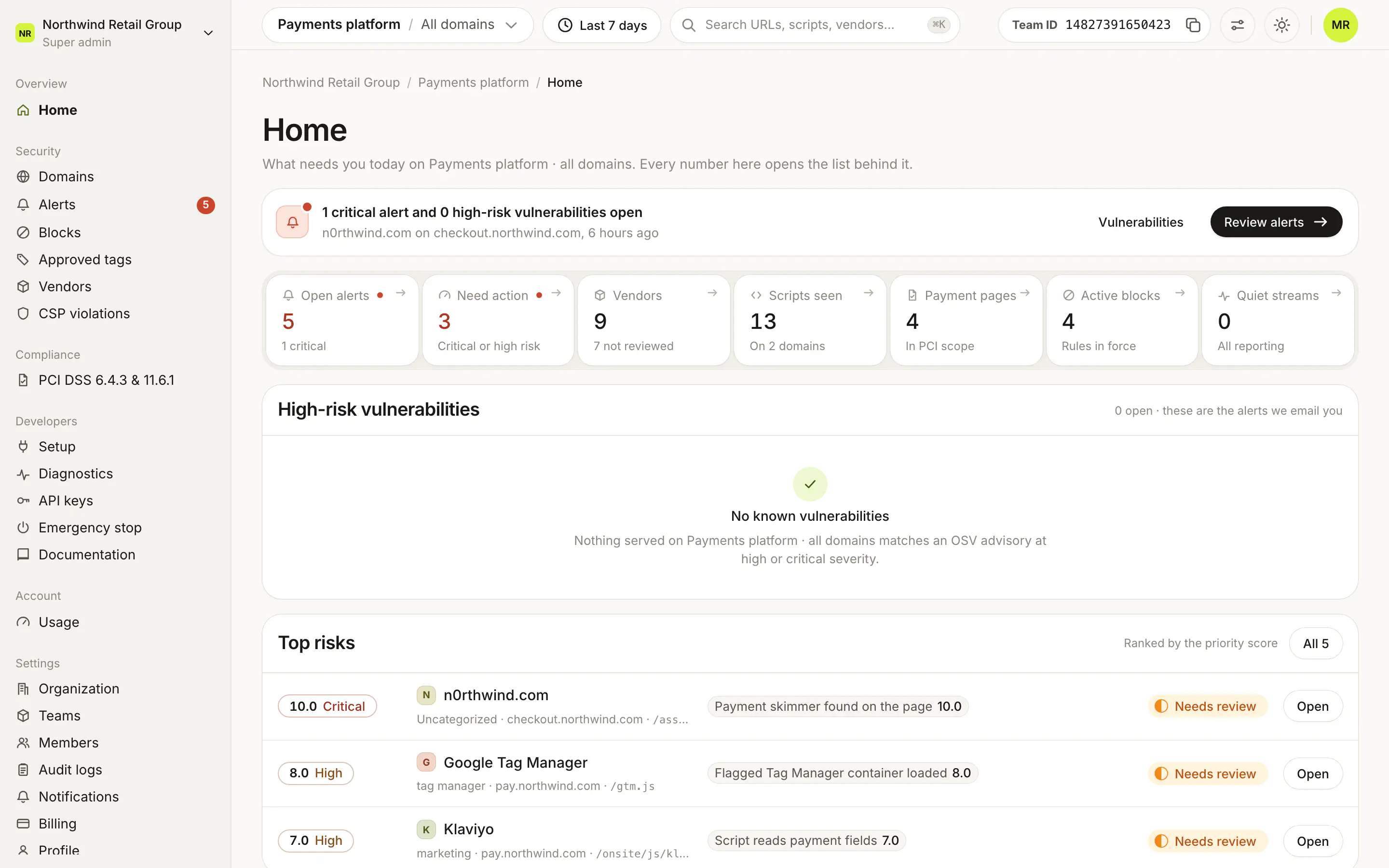 Home for Payments platform: 1 critical alert on checkout.northwind.com, tiles for open alerts, vendors, scripts seen, payment pages, active blocks and quiet streams, and the top risks ranked by score.