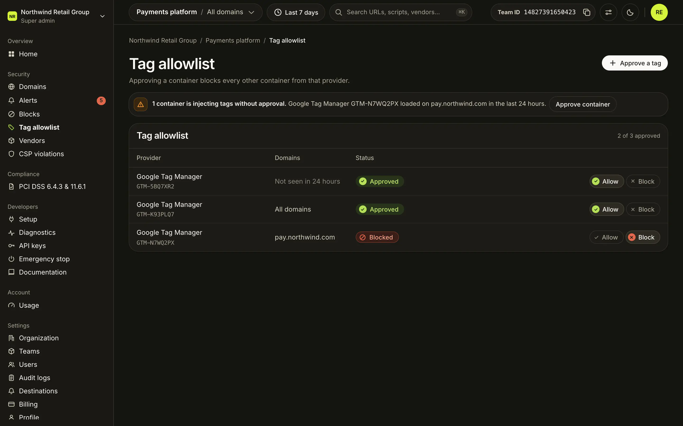 Tag allowlist: the Google Tag Manager containers allowed to load. GTM-K93PLQ7 and GTM-5BQ7XR2 are approved; GTM-N7WQ2PX was injected on pay.northwind.com and is blocked.