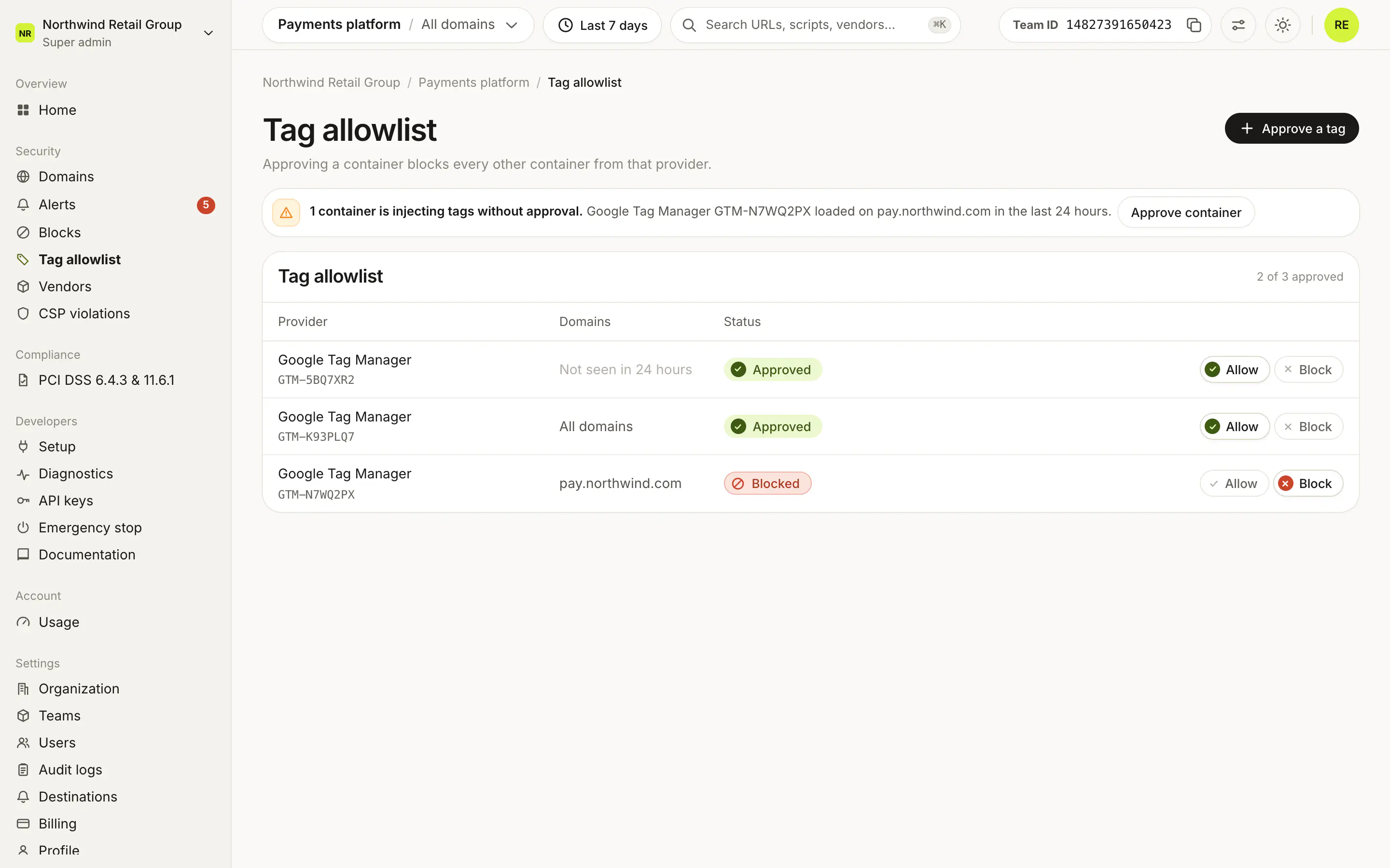 Tag allowlist: the Google Tag Manager containers allowed to load. GTM-K93PLQ7 and GTM-5BQ7XR2 are approved; GTM-N7WQ2PX was injected on pay.northwind.com and is blocked.